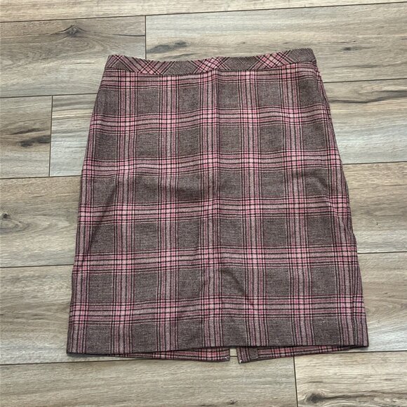 Talbots Pencil Skirt SZ 12 Wool Blend Tartan Plaid Brown Pink Lined Back Zip - Picture 1 of 7